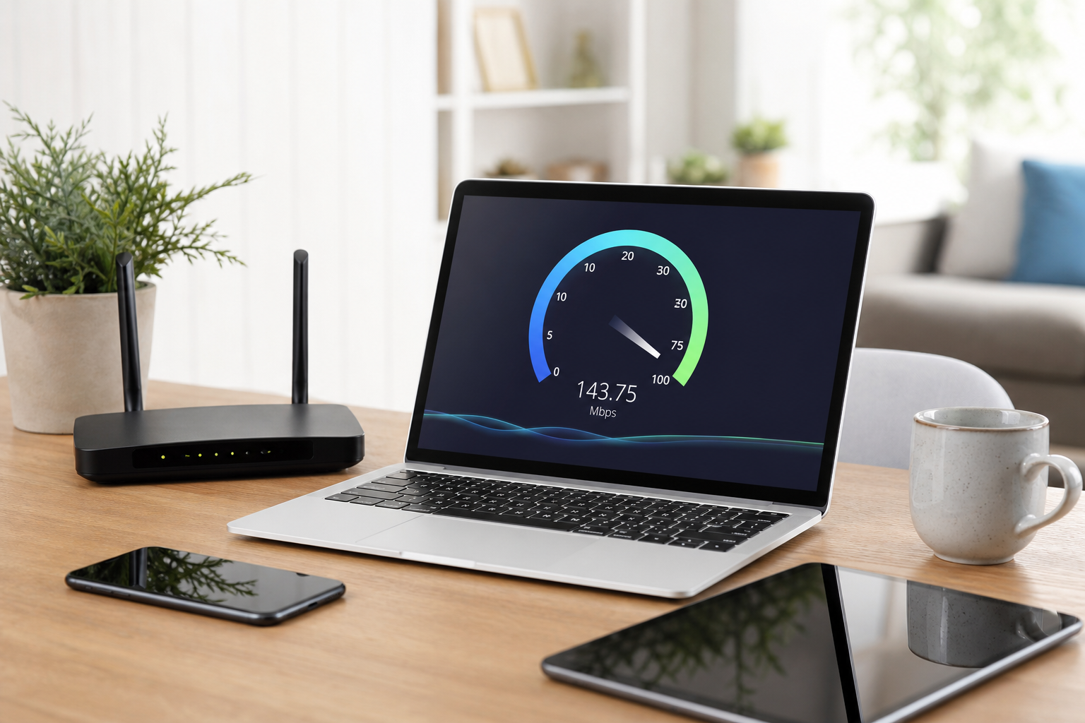 Laptop met snelheidstest naast router — passende internetsnelheid kiezen