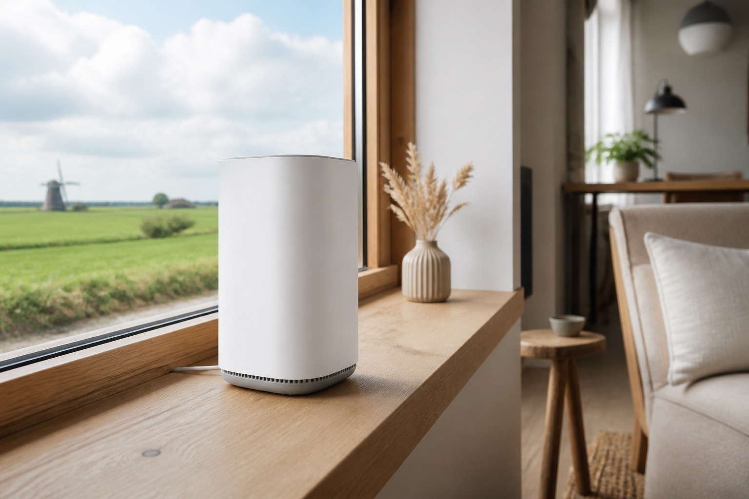 5G-modem op een vensterbank in een woning — KPN 5G Internet Thuis als alternatief voor vast internet