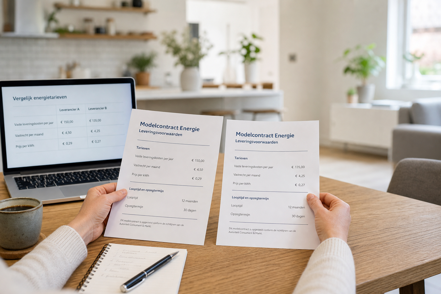 Energiecontracten vergelijken aan tafel — modelcontract energie met standaardvoorwaarden