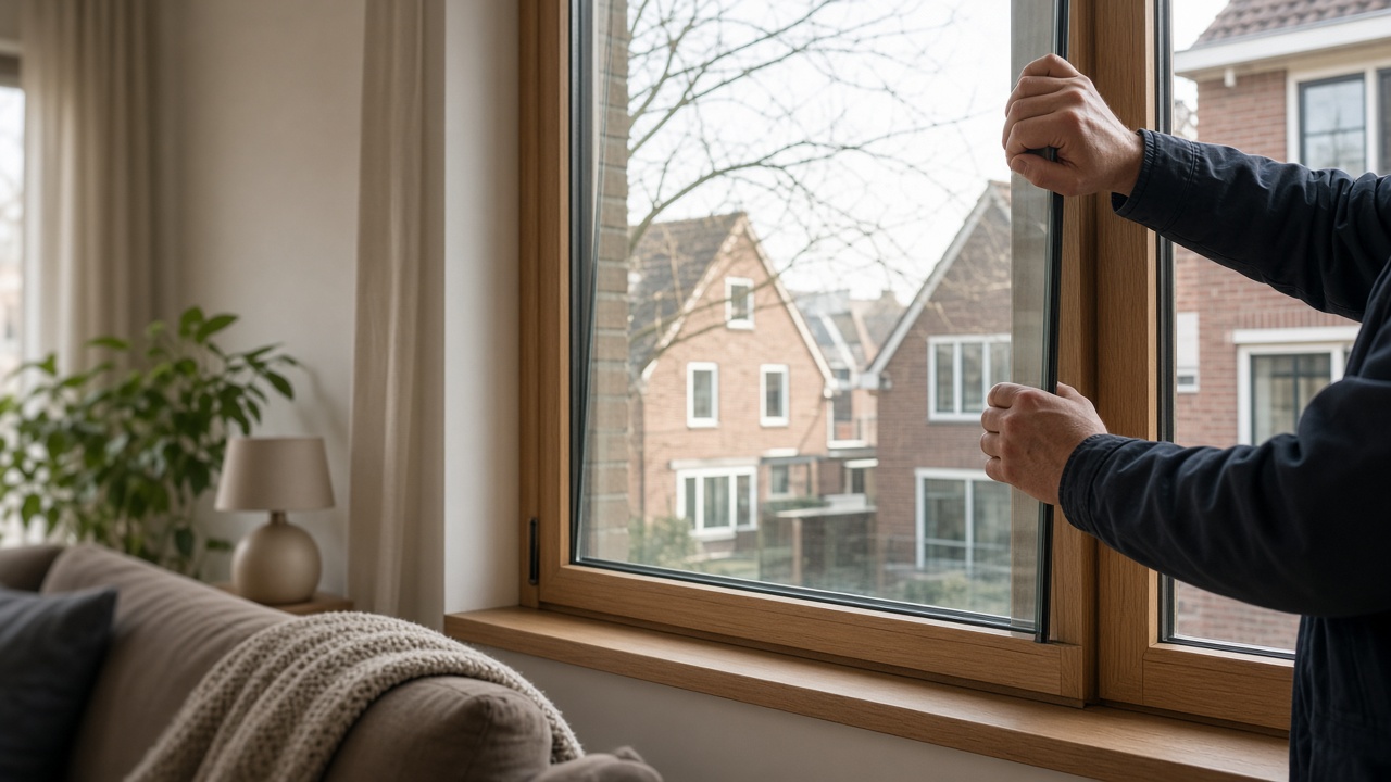 Isolerend glas wordt geplaatst in een kozijn — voorgestelde ISDE-subsidie glas 2027