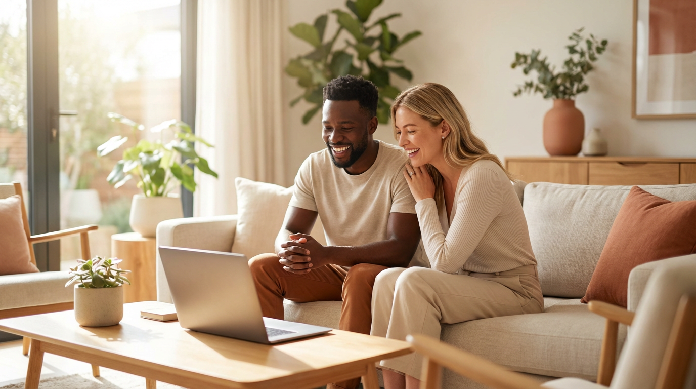Gelukkig stel bekijkt besparingen op laptop